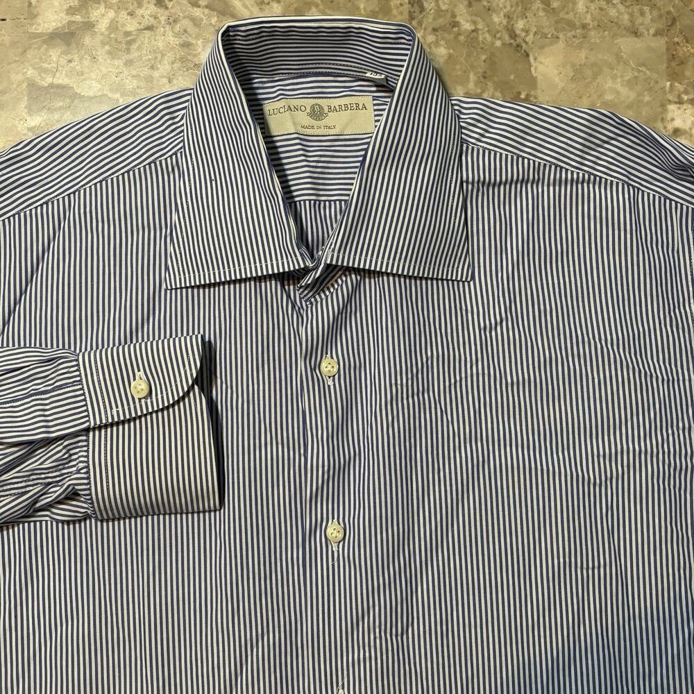 Luciano Barbera Shirt Mens 40 15.5 Blue Striped Long Sleeve Button Cotton Italy